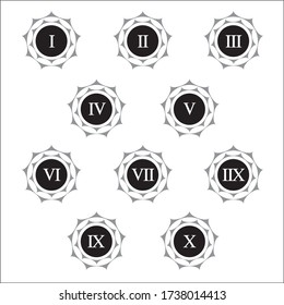 Colorful info-graphic roman numbers can be use to create presentation. Bullet points roman numbers one to ten. Round shape vector numbers.