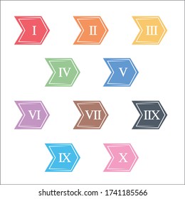 Colorful info-graphic roman numbers can be use to create presentation. Bullet points roman numbers one to ten. Arrow shape vector numbers.