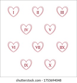 Colorful info-graphic roman numbers can be use to create presentation. Bullet points roman numbers one to ten. Heart shape vector numbers.