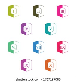 Colorful info-graphic roman numbers can be use to create presentation. Bullet points roman numbers one to ten. Shield shape vector numbers.