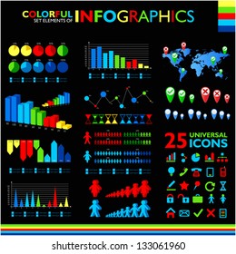 Colorful infographic set on black background and 25 universal icons