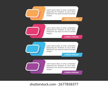 Lista de etapas infográfica colorida e painéis de quadro de gradiente perfeitos para apresentações modernas, UI ou layouts de visualização de dados
