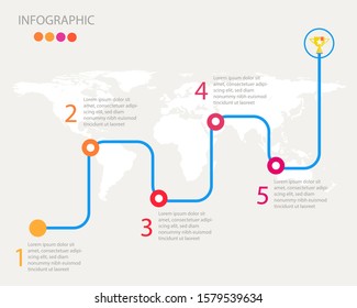 Colorful of Infographic template for business. 5 steps line graph Timeline diagram with world map background