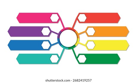 Modelo infográfico colorido com oito opções retangulares. Apresentação de visualização de dados, fluxograma e diagrama	