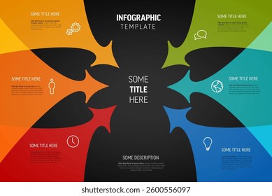 A colorful infographic template featuring six arrows pointing towards a central title on black back. The design includes icons and text areas for customizable data representation and organization.