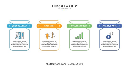 Colorful infographic template with four linear steps. Ideal for business presentations, timelines, project planning, and data visualization with a clean and modern style.