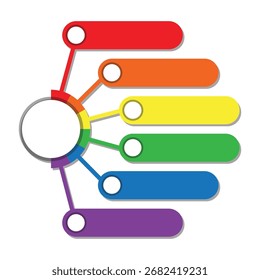Farbige Infografik mit sechs rechteckigen Optionen. Darstellung von Diagrammen, Flussdiagrammen und Datenvisualisierung	