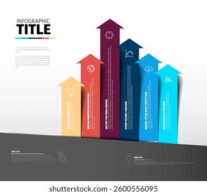 A colorful infographic with upward arrows representing multi-step progress, data flow, or success. Each arrow is distinct in color and contains placeholder text and icons.
