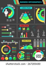 Colorful infographics elements set including growth pie chart, graphs and arrows for professional presentation.