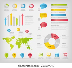 Colorful infographics elements. Vector illustration. Icons, world map, graphs.