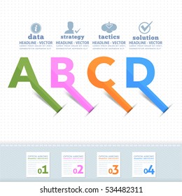 Colorful Infographics Letters Illustration, Multicolored Stats Arrows Template with Business Strategy Flat Web Icons. Website Banner Design and Presentation Elements