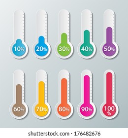 colorful  infographics paper thermometer with 10-100 percentage. vector.
