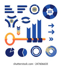 Colorful infographics set with pie charts, arrows, ribbons, diagrams and key. Vector flat for visualization your analytics.