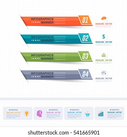 Colorful Infographics Shapes Illustration, Multicolored Stats Arrows Template with Business Strategy Flat Web Icons. Website Banner Design and Presentation Elements