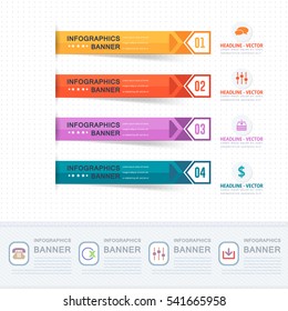 Colorful Infographics Shapes Illustration, Multicolored Stats Arrows Template with Business Strategy Flat Web Icons. Website Banner Design and Presentation Elements