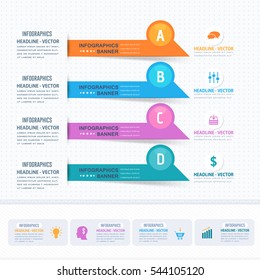 Colorful Infographics Shapes Illustration, Multicolored Stats Arrows Template with Business Strategy Flat Web Icons. Website Banner Design and Presentation Elements