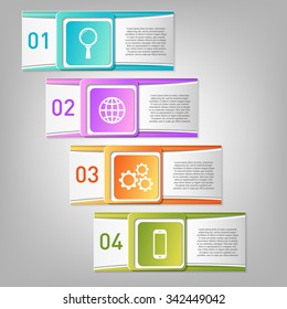 Colorful infographics template with 4 steps, 4 options. For infographic, banner, poster, web design, brochure, presentation. Vector illustration