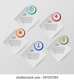 Colorful infographics template with 5 steps, 5 options. For infographic, banner, poster, web design, brochure, presentation. Vector illustration