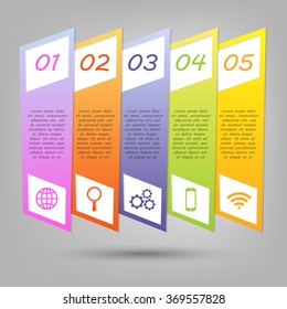 Colorful infographics template with 5 steps, options. For infographic, banner, poster, web design, brochure, presentation. Vector illustration