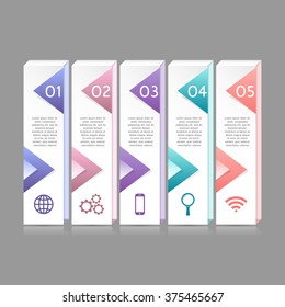 Colorful infographics template with 5 steps, options. For infographic, banner, poster, web design, brochure, presentation. Vector illustration