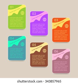 Colorful infographics template with 6 steps, 6 options. For infographic, banner, poster, web design, brochure, presentation. Vector illustration