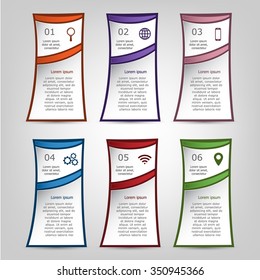 Colorful infographics template with 6 steps, options. For infographic, banner, poster, web design, brochure, presentation. Vector illustration