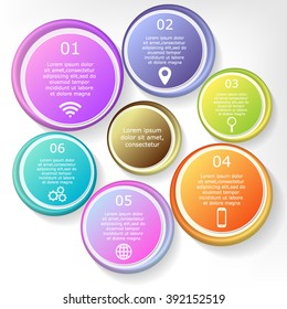 Colorful infographics template with 6 steps, 6 options. For infographic, banner, poster, web design, brochure, presentation. Vector illustration