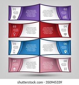 Colorful infographics template with 8 steps, options. For infographic, banner, poster, web design, brochure, presentation. Vector illustration