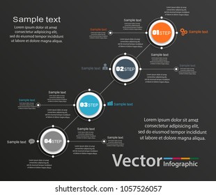 Colorful  infographics template with steps, options on black background. For infographic, business, banner, web design,presentation. Vector illustration. Eps 10
