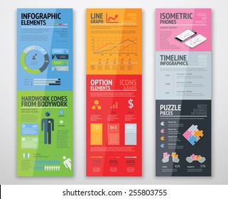 Colorful infographics in well arranged templates ready for use. Vector graphic and elements to create your own graphics for web design, fllyer, corporate brochure etc.