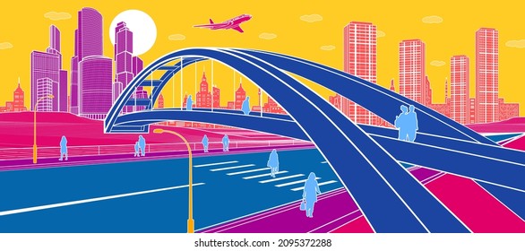 Colorful infrastructure city illustration. Pedestrian bridge over the highway. People walking on street. Modern town, urban scene. White lines on color background. Vector design art 