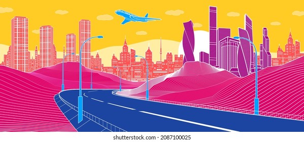 Colorful Infrastructure illustration. Highway in mountains. Modern city at color background, tower and skyscrapers, business building. Vector design art