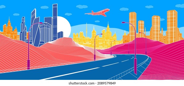 Colorful Infrastructure illustration. Highway in mountains. Modern city at color background, tower and skyscrapers, business building. Vector design art