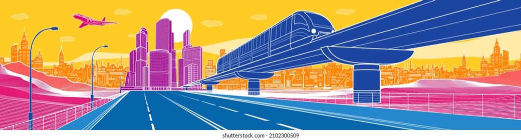 Colorida ilustración de la ciudad de Infraestructuras. Gran autopista, trenes en puente. Ciudad moderna con fondo de color, torre y rascacielos, edificio de negocios. El avión está volando. Arte de diseño de vectores