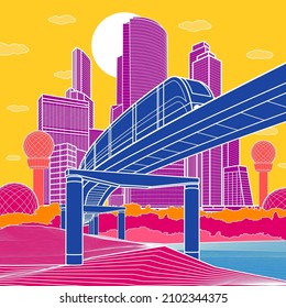 Colorful Infrastructure town illustration. Train rides on bridge. Modern city at color background, tower and skyscrapers, business building. Vector design art