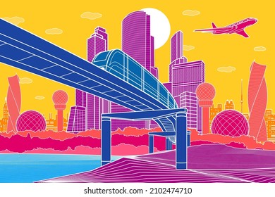 Colorful Infrastructure town illustration. Train rides on bridge. Modern city at color background, tower and skyscrapers, business building, plane is flying. Vector design art