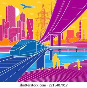 Colorful Infrastructure town illustration. Train rides on bridge. Automotive overpass. Modern city at color background, tower and skyscrapers, business building. Vector design art