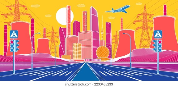 Colorful Infrastructure town illustration.  Wide highway. Thermal power plant and energy lines. Modern city at color background, tower and skyscrapers, business building. Vector design art