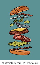 Colorful ingredients of a burger in layers on turquoise background