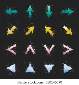 Colorful ink arrows set. Four different grunge arrow collections.