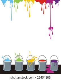 Colorful ink blots dropping in to a row of open paint-cans. No gradient fills. Easy to customize.