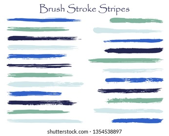 Colorful ink brush stroke stripes vector set, blue horizontal marker or paintbrush lines patch. Hand drawn watercolor paint brushes, smudge strokes collection. Interior paint color palette elements.