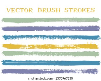 Colorful ink brush strokes isolated design elements. Set of paint lines. Artistic Ink brushe stripes isolated on white, vector colors guide book samples.