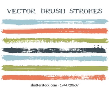 Colorful ink brush strokes isolated design elements. Set of paint lines. Distressed Ink brushe stripes isolated on white, vector color scheme samples.