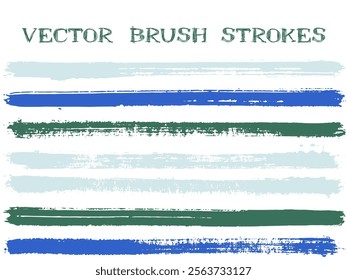 Colorful ink brush strokes isolated design elements. Set of paint lines. Messy Ink brushe stripes isolated on white, vector color scheme samples.