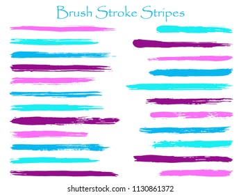 Colorful ink cyan pink brush stroke stripes vector set, horizontal marker or paintbrush lines patch. Hand drawn watercolor paint brushes, smudge strokes collection. Vector ink color palette samples.