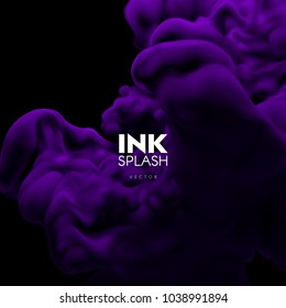 Colorful ink splash. Realistic vector illustration. Underwater swirling violet paint cloud on black background. Bright turbulent liquid. Fluid colors. Abstract artistic backdrop for design