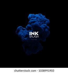 Colorful ink splash. Realistic vector illustration. Underwater swirling blue paint cloud isolated on black background. Bright turbulent liquid. Fluid colors. Abstract artistic element for design