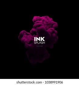 Colorful ink splash. Realistic vector illustration. Underwater swirling purple paint cloud isolated on black background. Bright turbulent liquid. Fluid colors. Abstract artistic element for design