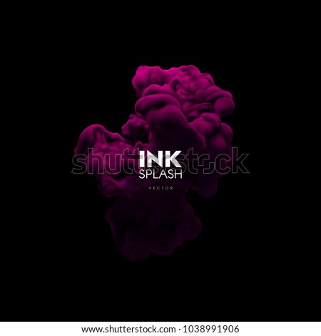 Colorful ink splash. Realistic vector illustration. Underwater swirling purple paint cloud isolated on black background. Bright turbulent liquid. Fluid colors. Abstract artistic element for design